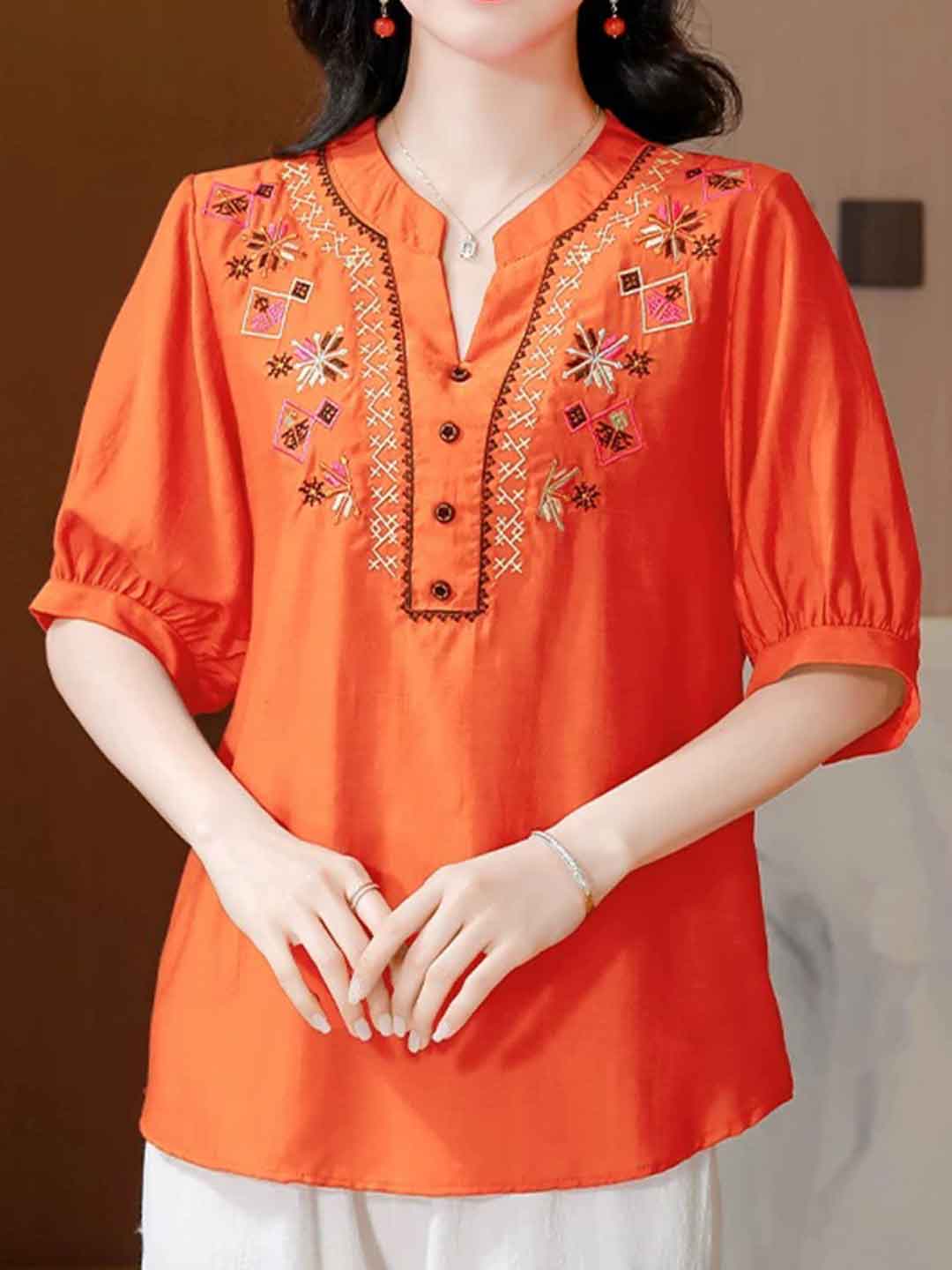 Hailey Loose V-Neck Puff Sleeve Embroidered Top