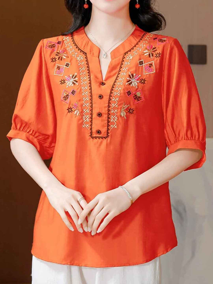 Hailey Loose V-Neck Puff Sleeve Embroidered Top