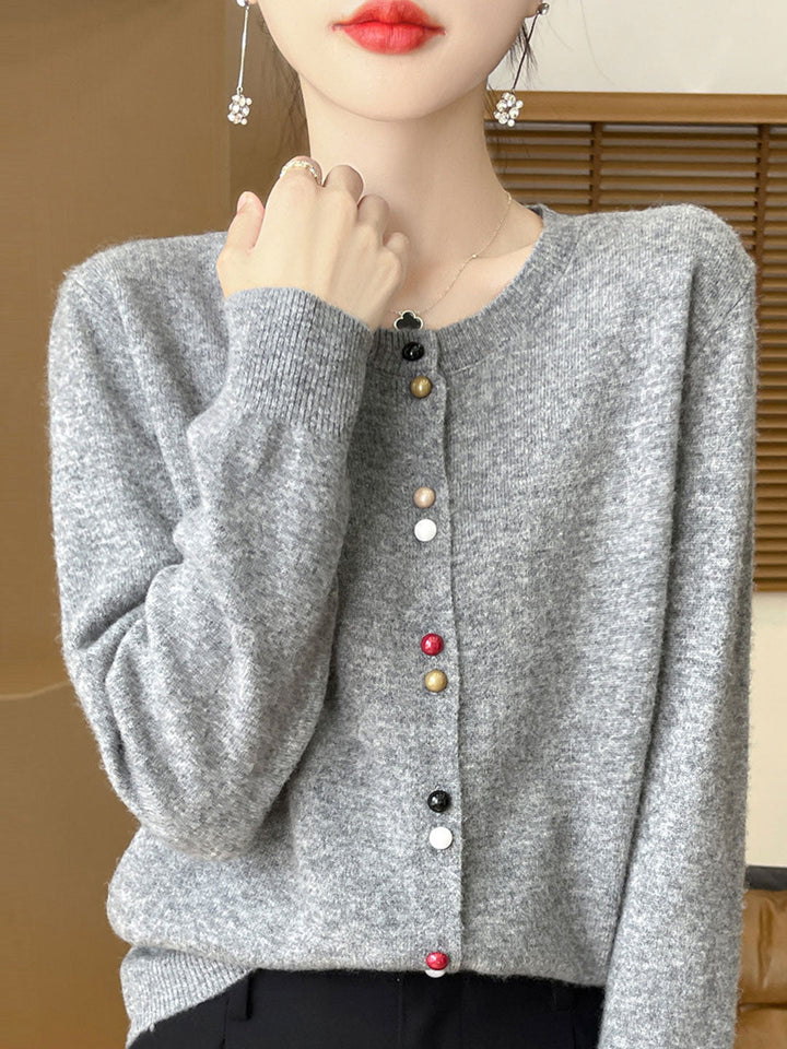 Mya Loose Crew Neck Solid Color Knitted Cardigan-Pink
