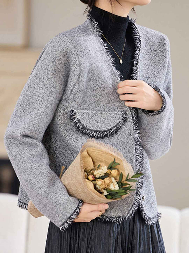 Emma Retro V-Neck Solid Color Tweed Coat