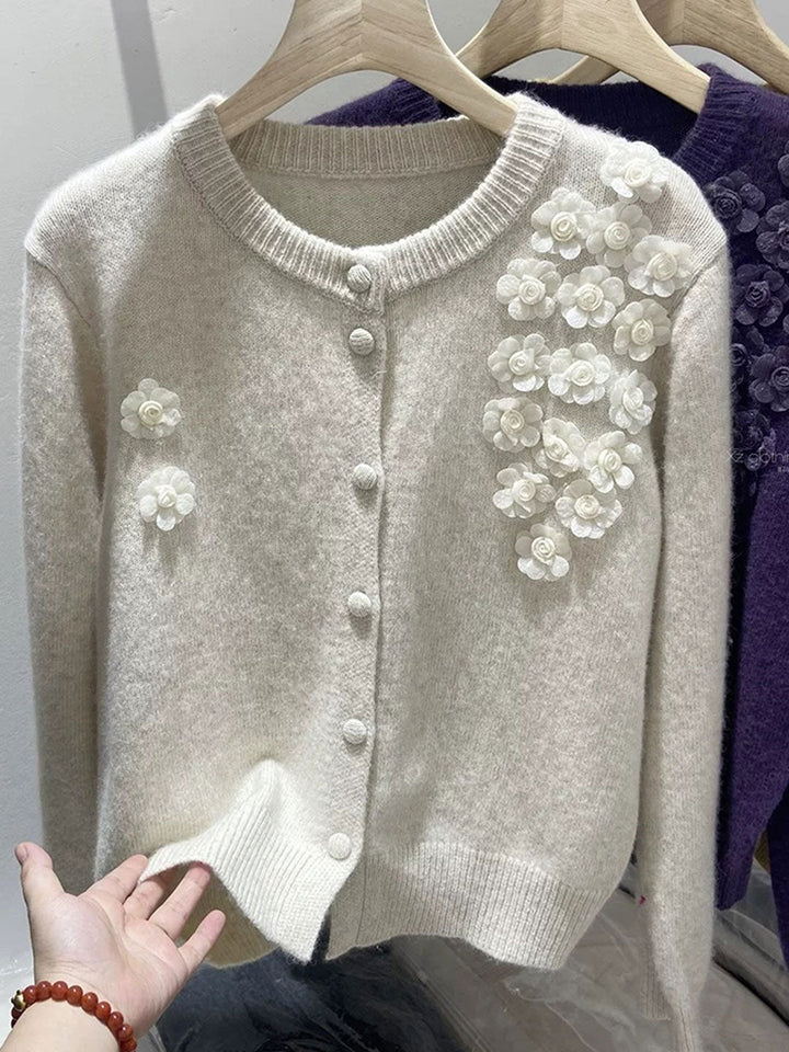 Aubrey Classic Crew Neck Flower Knitted Cardigan