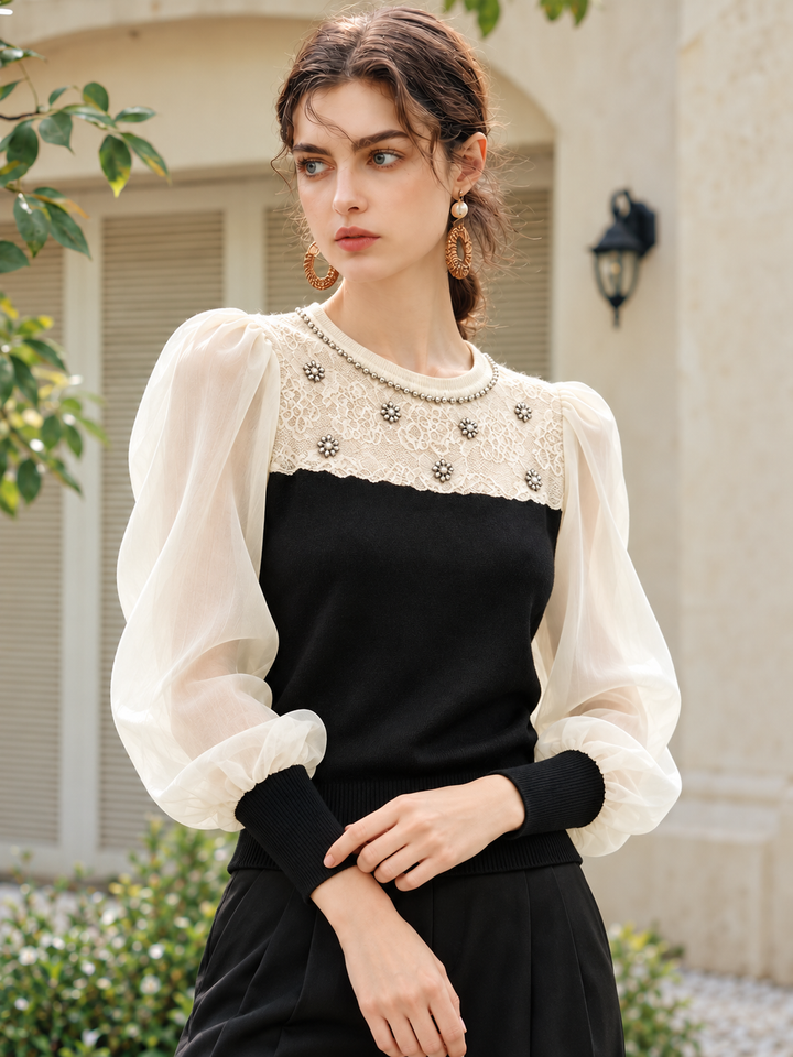 Mesh Puff-sleeve T-shirt