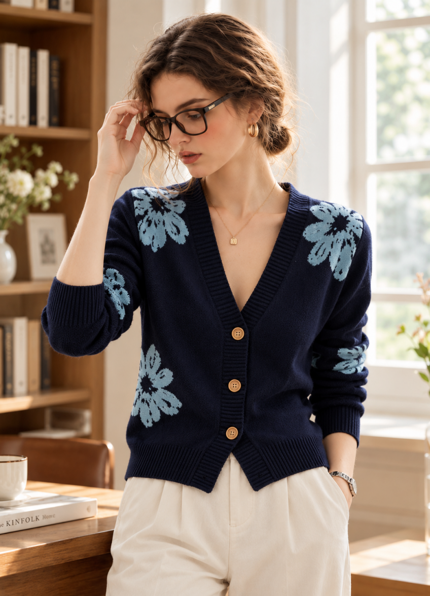 Printed V-Neck Knitted Cardigan