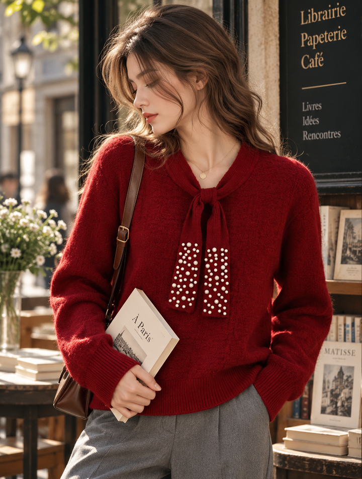 Textured Beaded Red Sweater