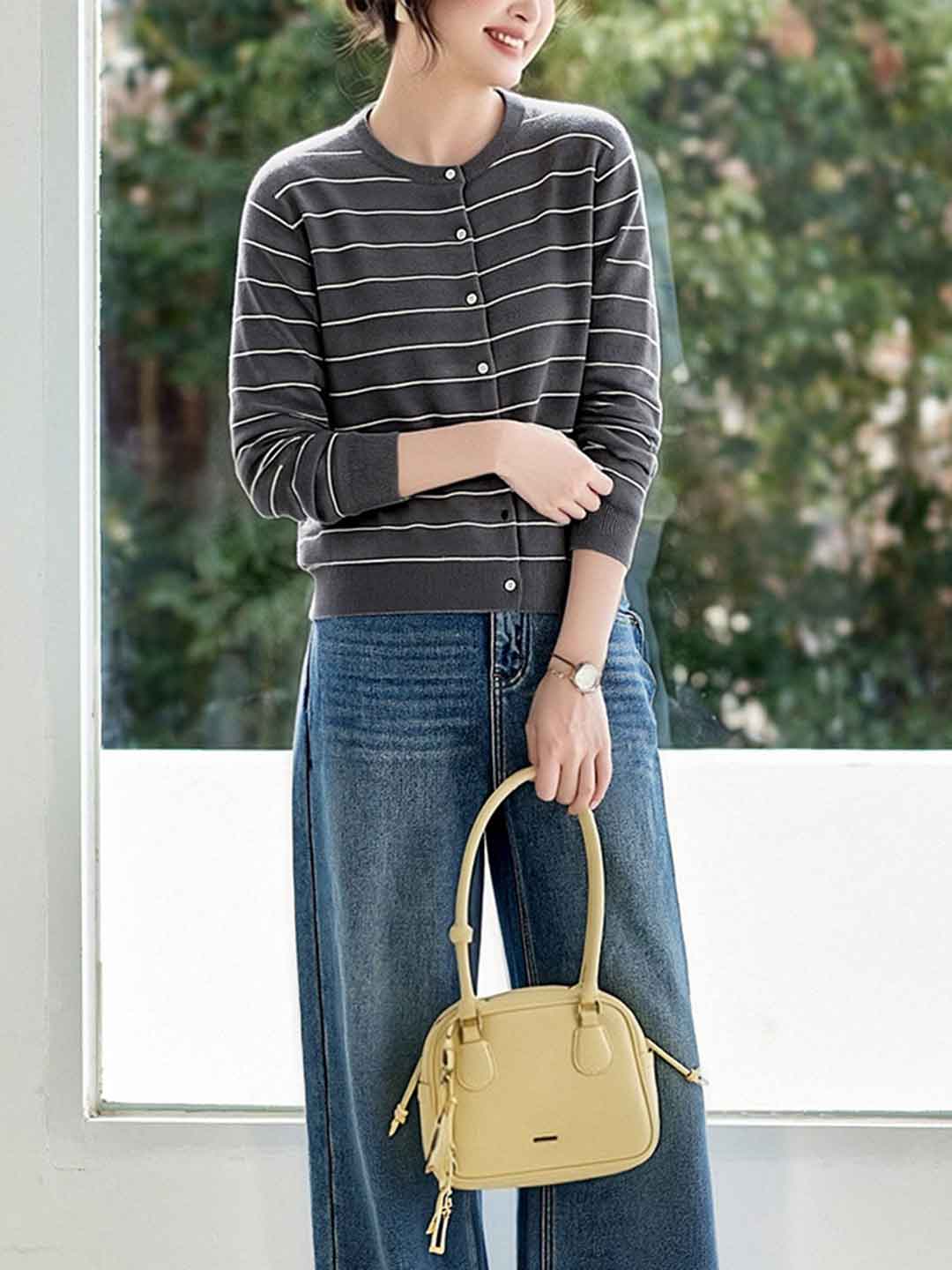 Abigail Classic Crew Neck Striped Knitted Cardigan