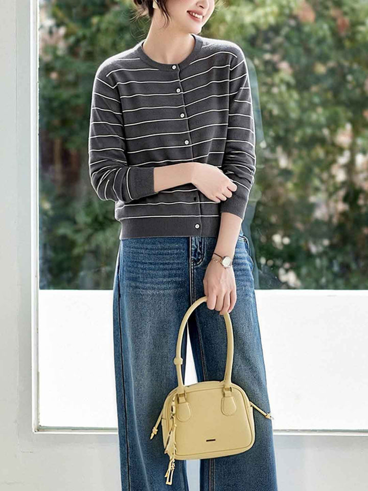 Abigail Classic Crew Neck Striped Knitted Cardigan