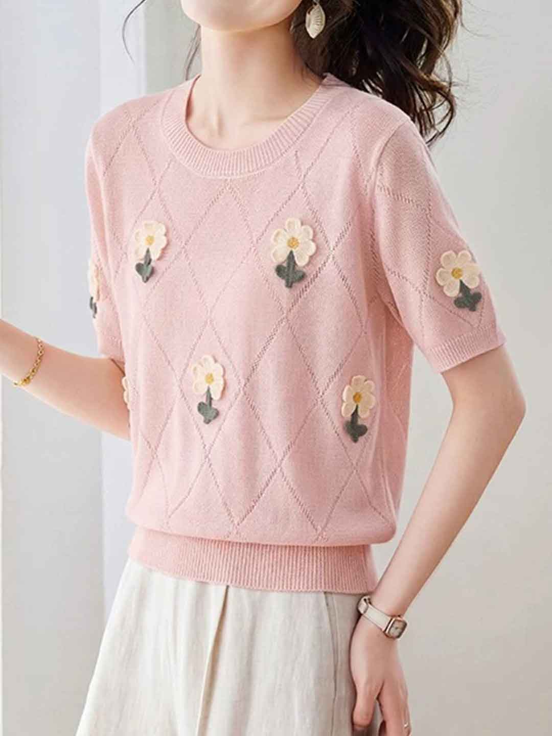 Emily Classic Crew Neck Hollowed Embroidered Knitted Top
