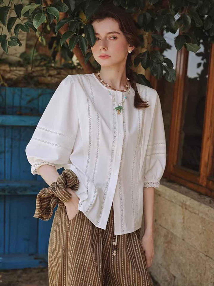 Riley Classic Crew Neck Lantern Sleeve Hollowed Lace Top