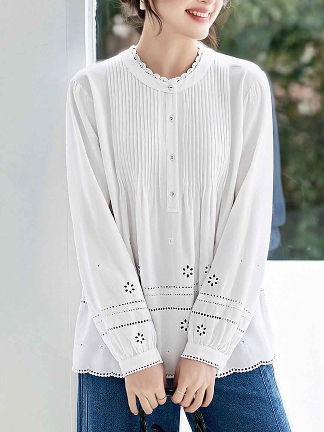 Madison Daily Crew Neck Crochet Accordion Pleated Top