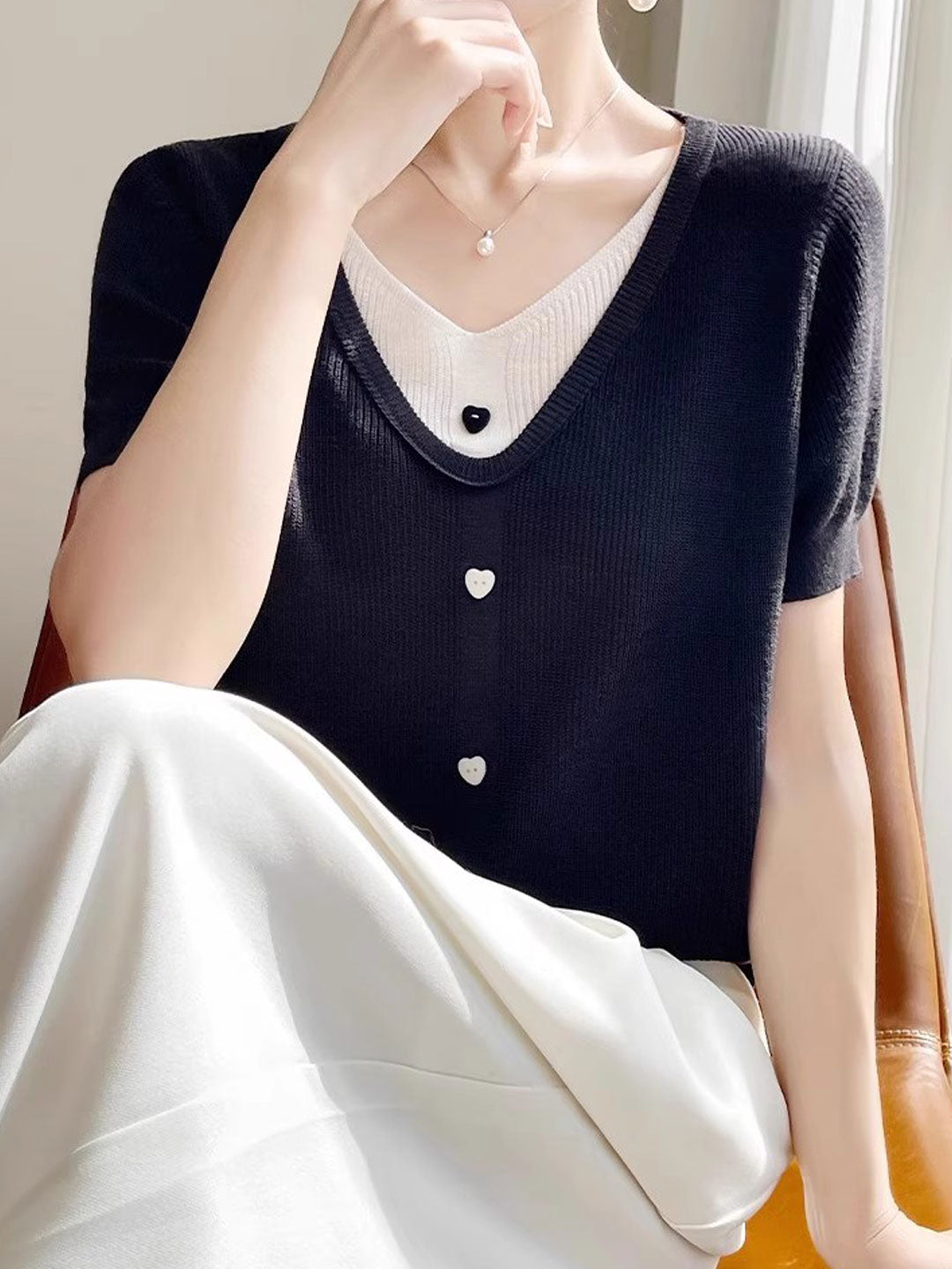 Angelina Casual V-neck Patchwork Knitted Top