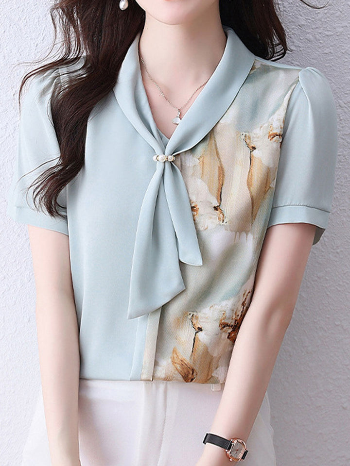 Sophia Daily Bow-Neck Printed Chiffon Top