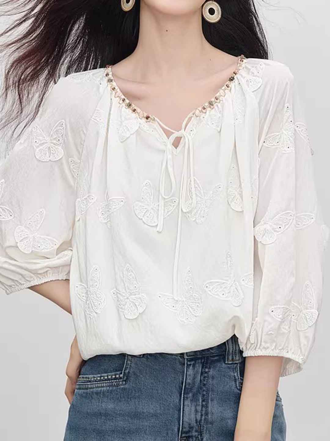 Olivia Retro Crew Neck Butterfly Embroidered Blouse
