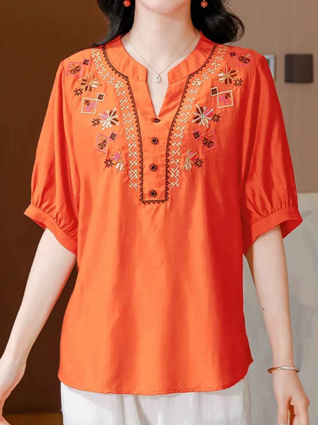 Hailey Loose V-Neck Puff Sleeve Embroidered Top