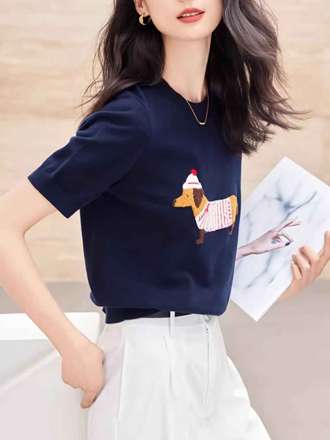 Destiny Casual Crew Neck Embroidered Knitted Top