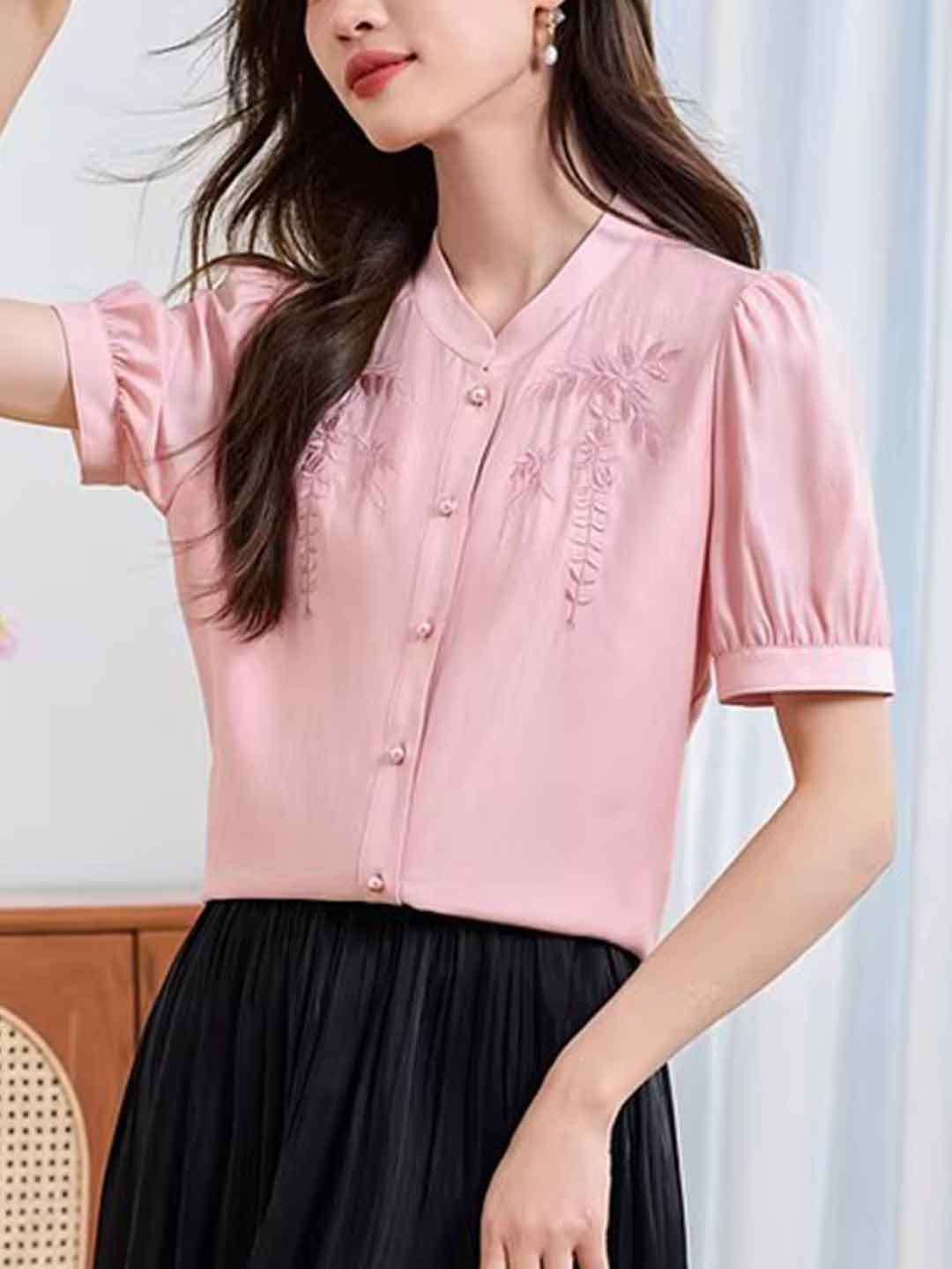 Emma Classic V-Neck Embroidered Shirt