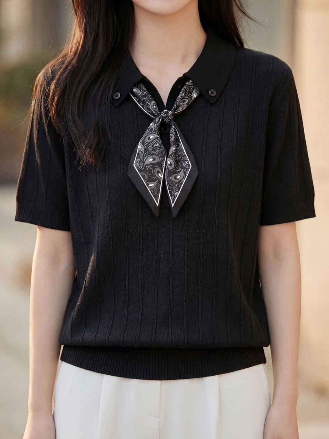 Mia Daily Lapel Solid Color Bow Knitted Top