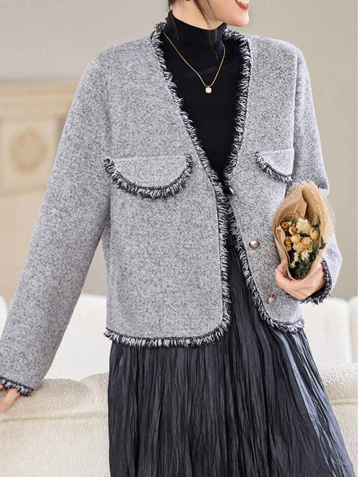 Emma Retro V-Neck Solid Color Tweed Coat