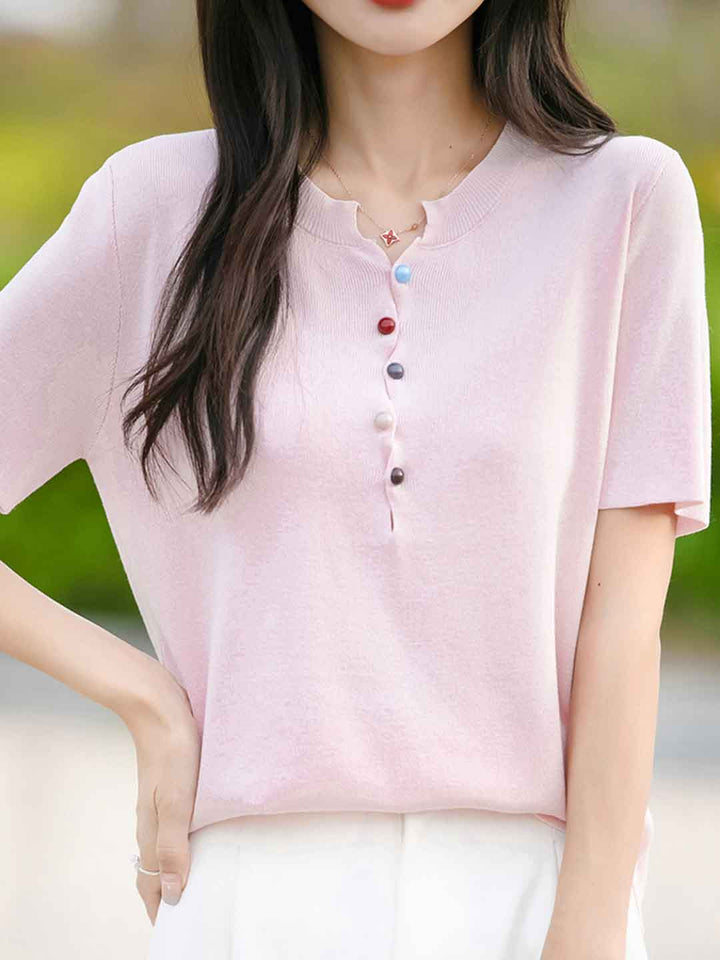 Khloe Classic Crew Neck Colorful Buttons Knitted Top-Blue