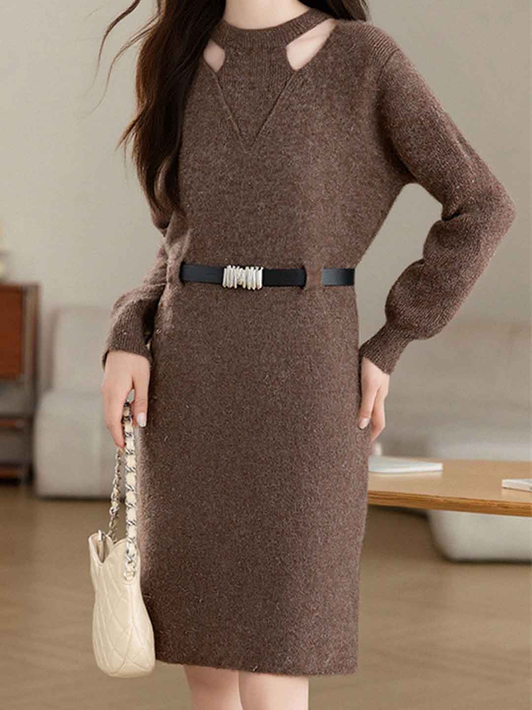 Sarah Elegant Crew Neck Hollowed Knitted Dress