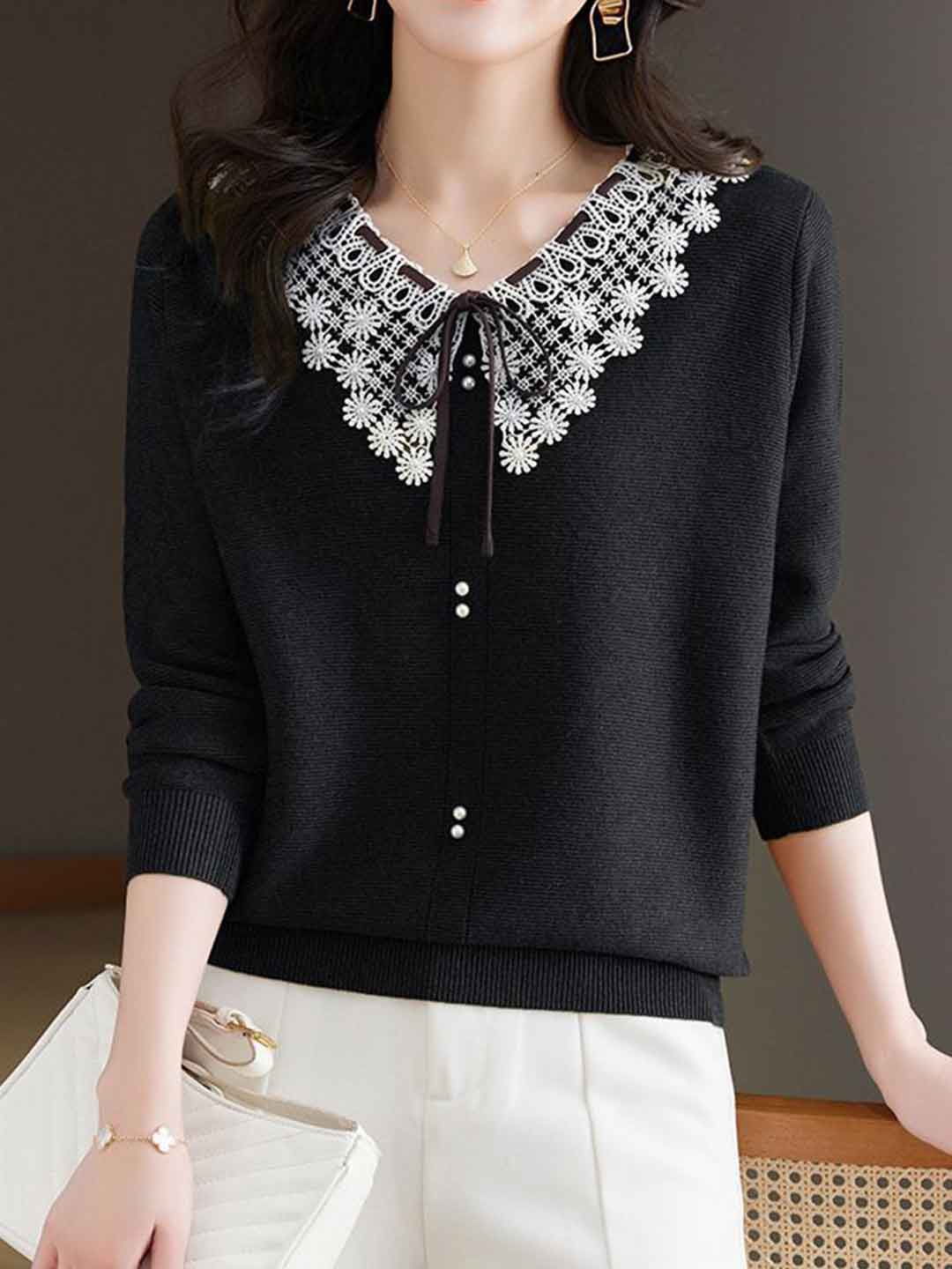 Charlotte Chic Doll Collar Bow Knitted Top