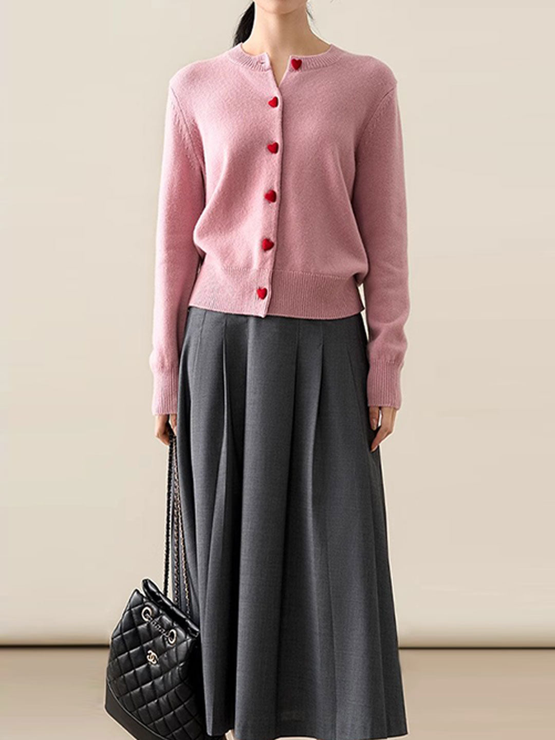Raya Elegant Crew Neck Heart Button Knitted Cardigan