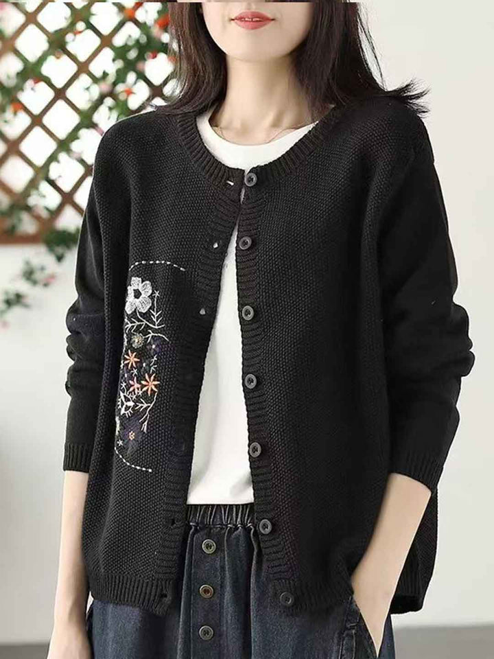 Anna Classic Crew Neck Embroidered Knitted Cardigan