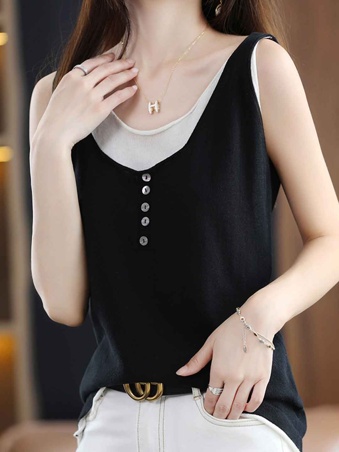 Kaylee Loose Knitted Mock Two-Piece Vest