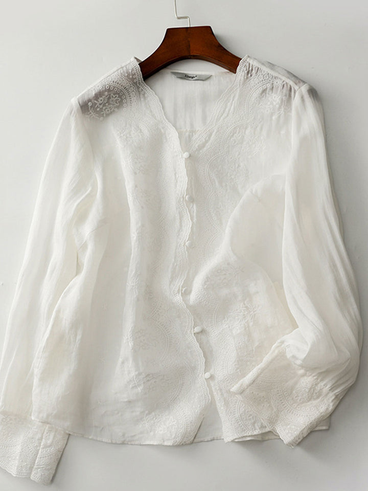 Abigail Vacation V-Neck Solid Color Embroidered Top