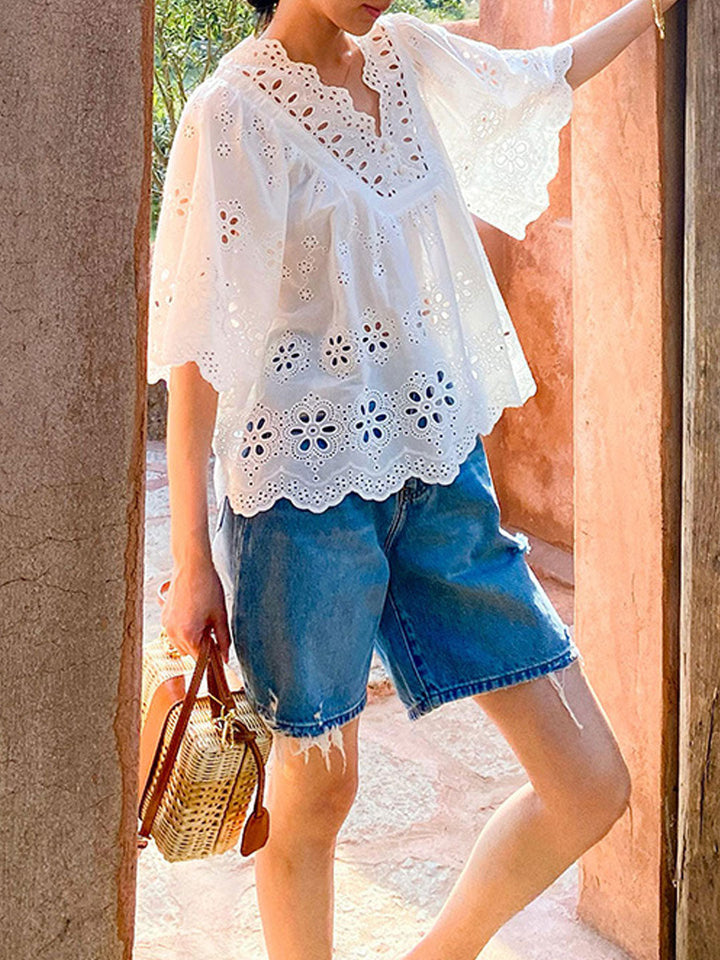 Aaliyah Loose V-Neck Embroidered Hollowed Blouse