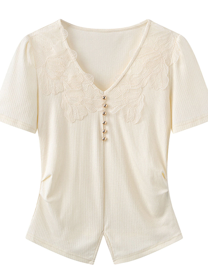 Trinity Vintage V-Neck Mesh Stitching Top