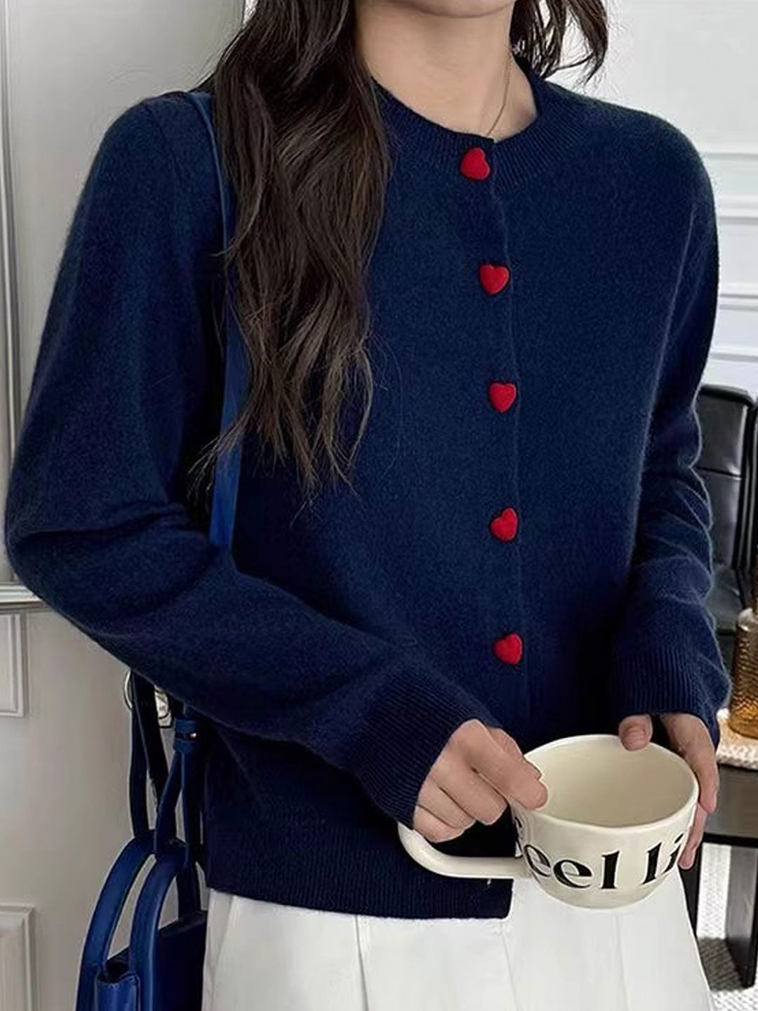 Raya Elegant Crew Neck Heart Button Knitted Cardigan-Pink