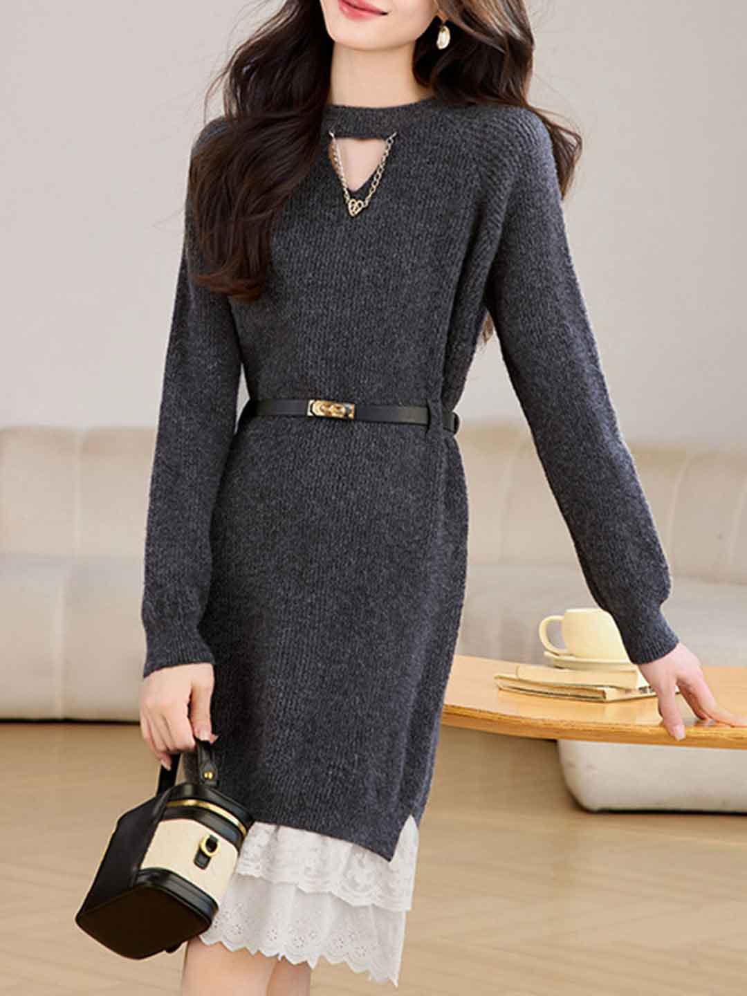 Kaylee Daily Crew Neck Patchwork Lace Knitted Dress