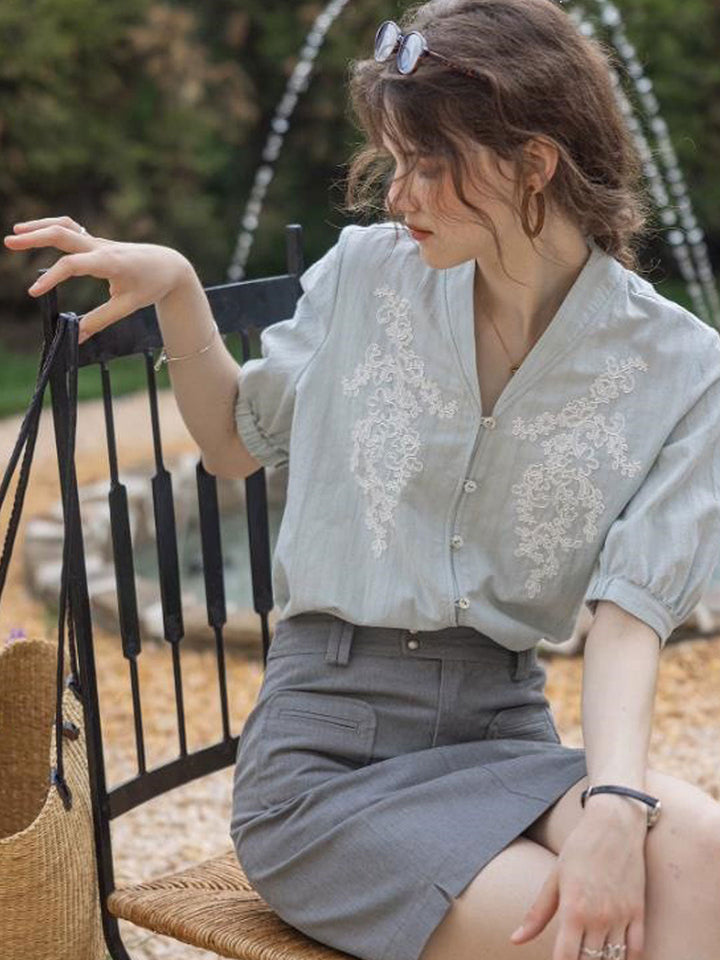 Sofia Daily V-Neck Solid Color Textured Blouse