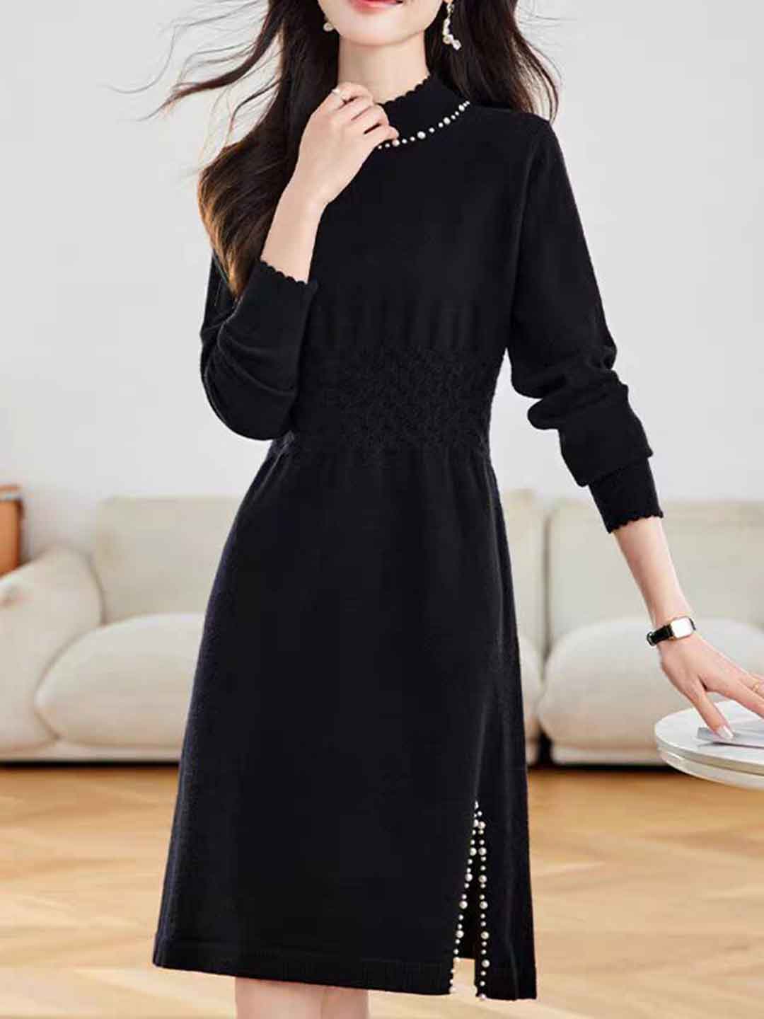 Victoria Casual Turtleneck Beaded Knitted Sweater Dress