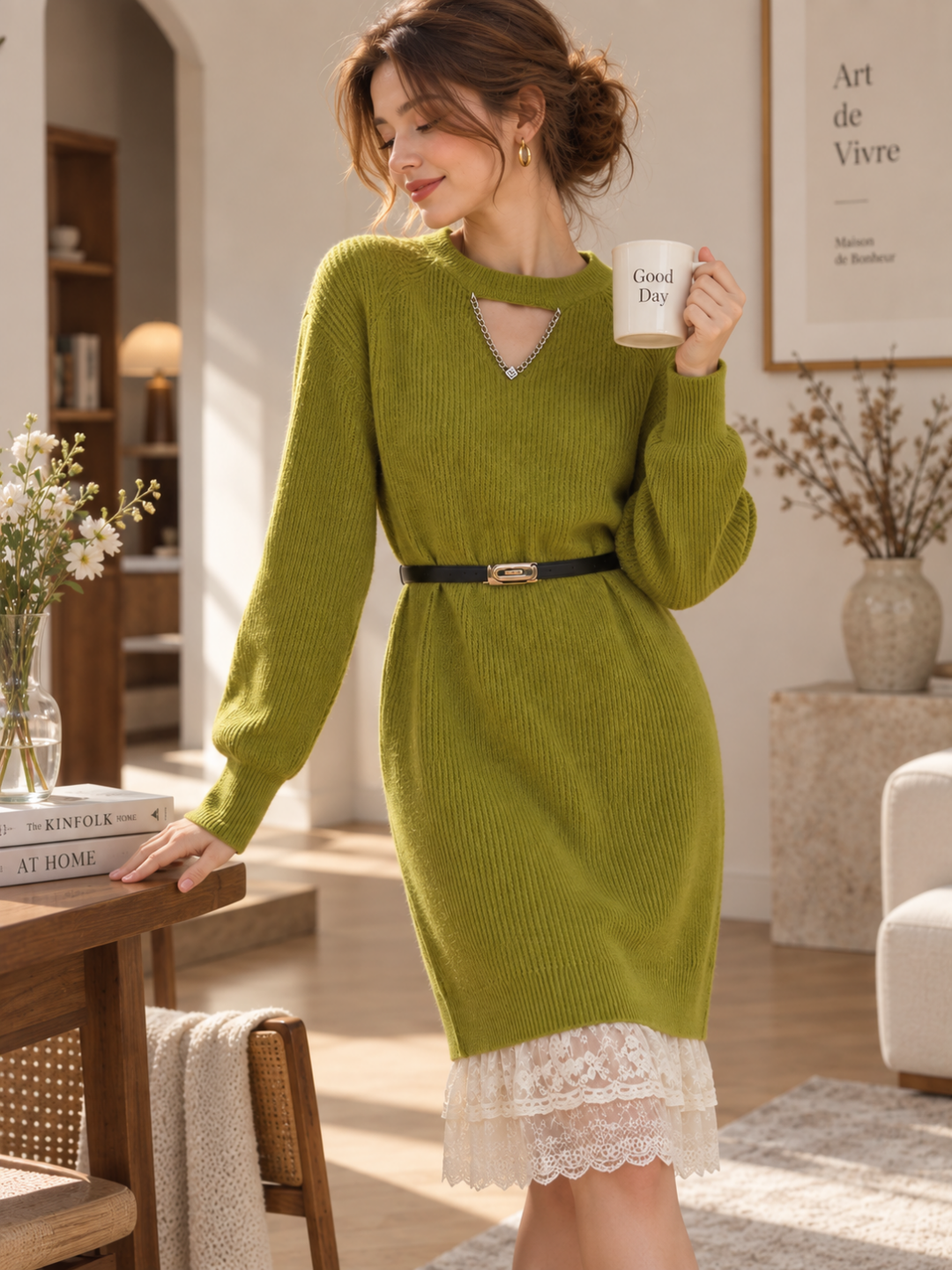 Kaylee Daily Crew Neck Patchwork Lace Knitted Dress