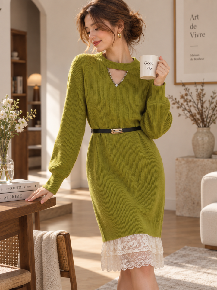 Kaylee Daily Crew Neck Patchwork Lace Knitted Dress