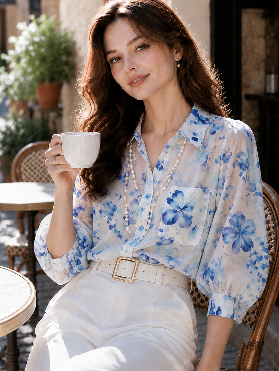 Taylor Cute Lapel Floral Chiffon Blouse