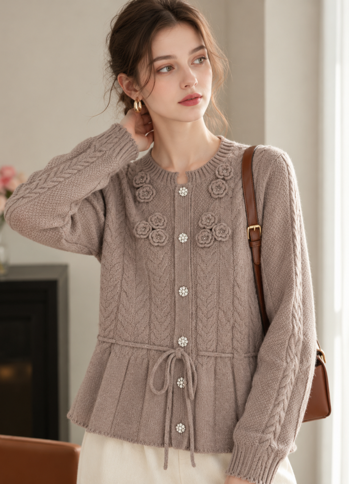 Crew-neck Tie-waist Knit Cardigan