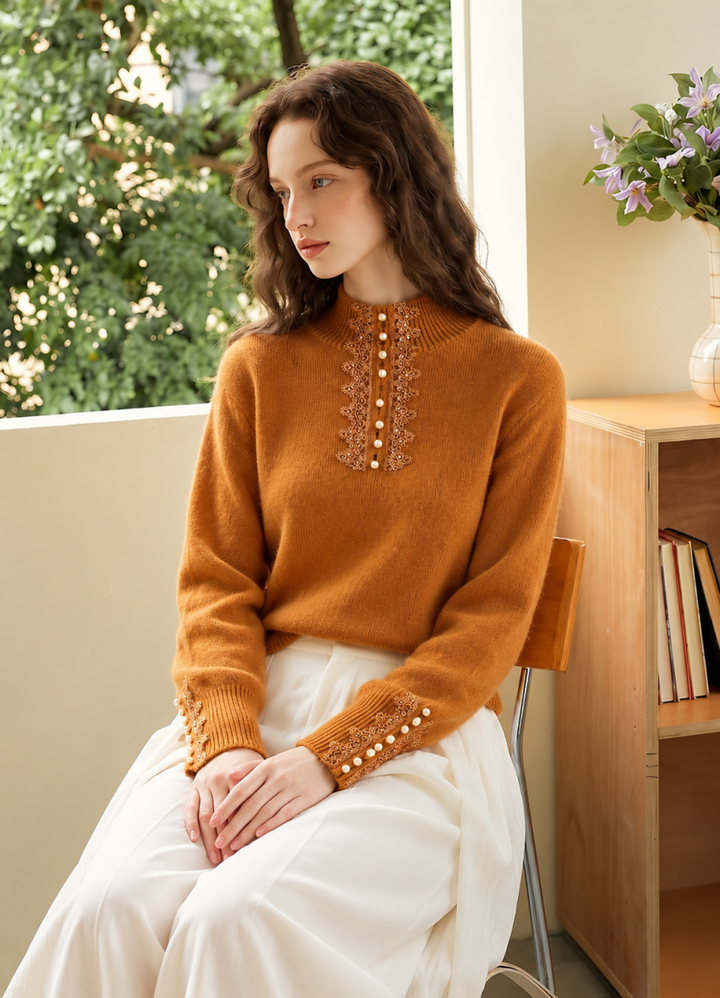 Mock-neck Lace And Pearl Knit Top