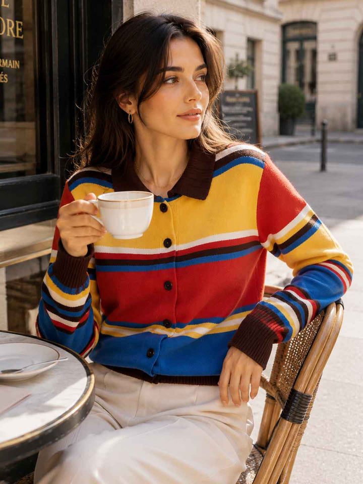 Color-blocked Striped Polo Collar Sweater