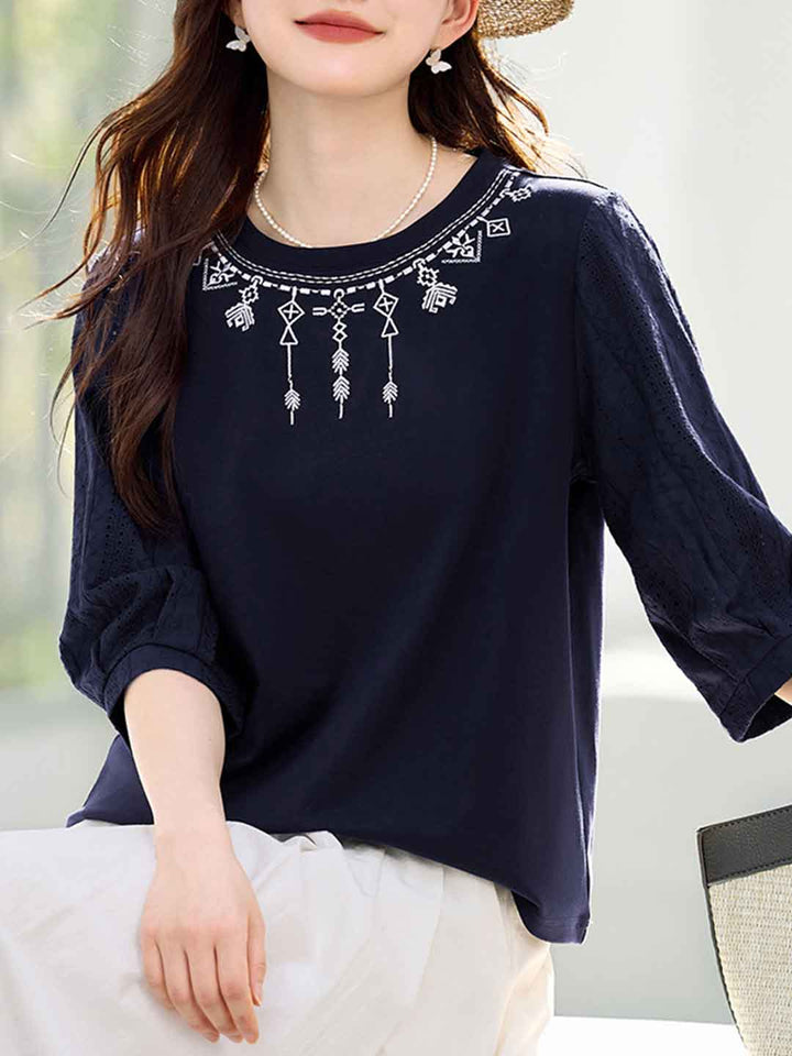 Isabella Loose Crew Neck Embroidered Top