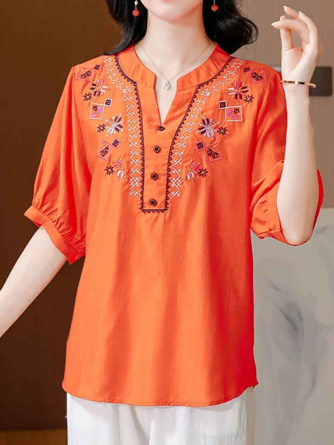 Hailey Loose V-Neck Puff Sleeve Embroidered Top