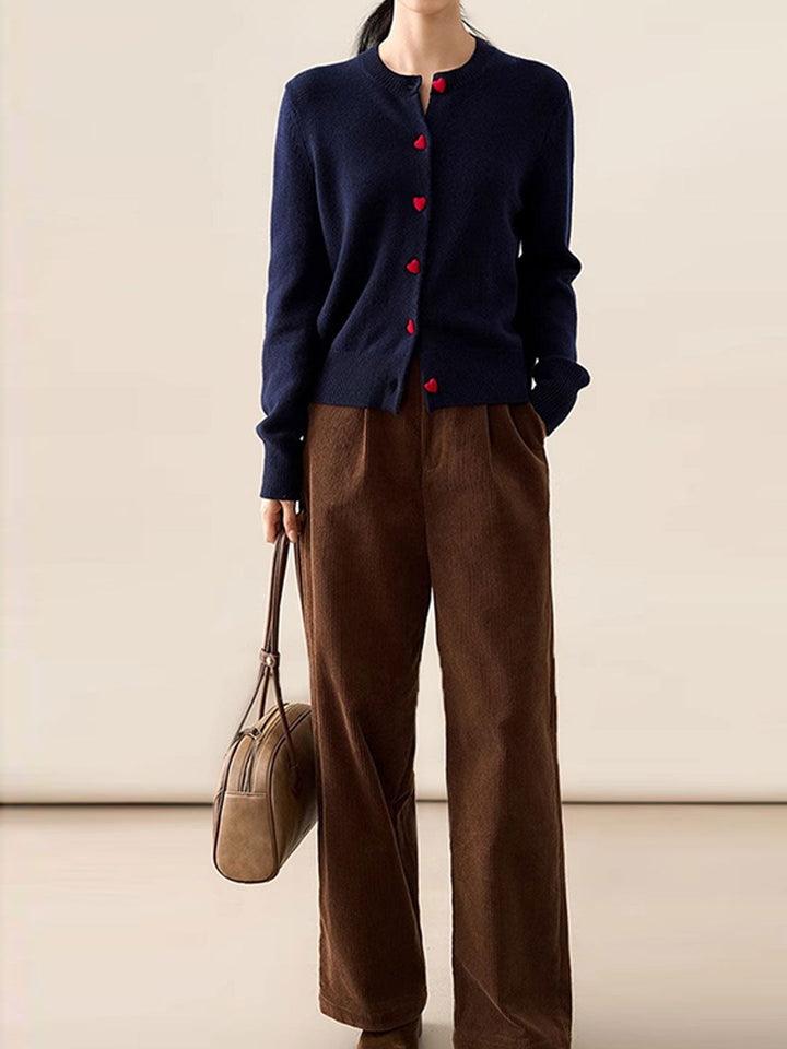 Raya Elegant Crew Neck Heart Button Knitted Cardigan-Navy Blue