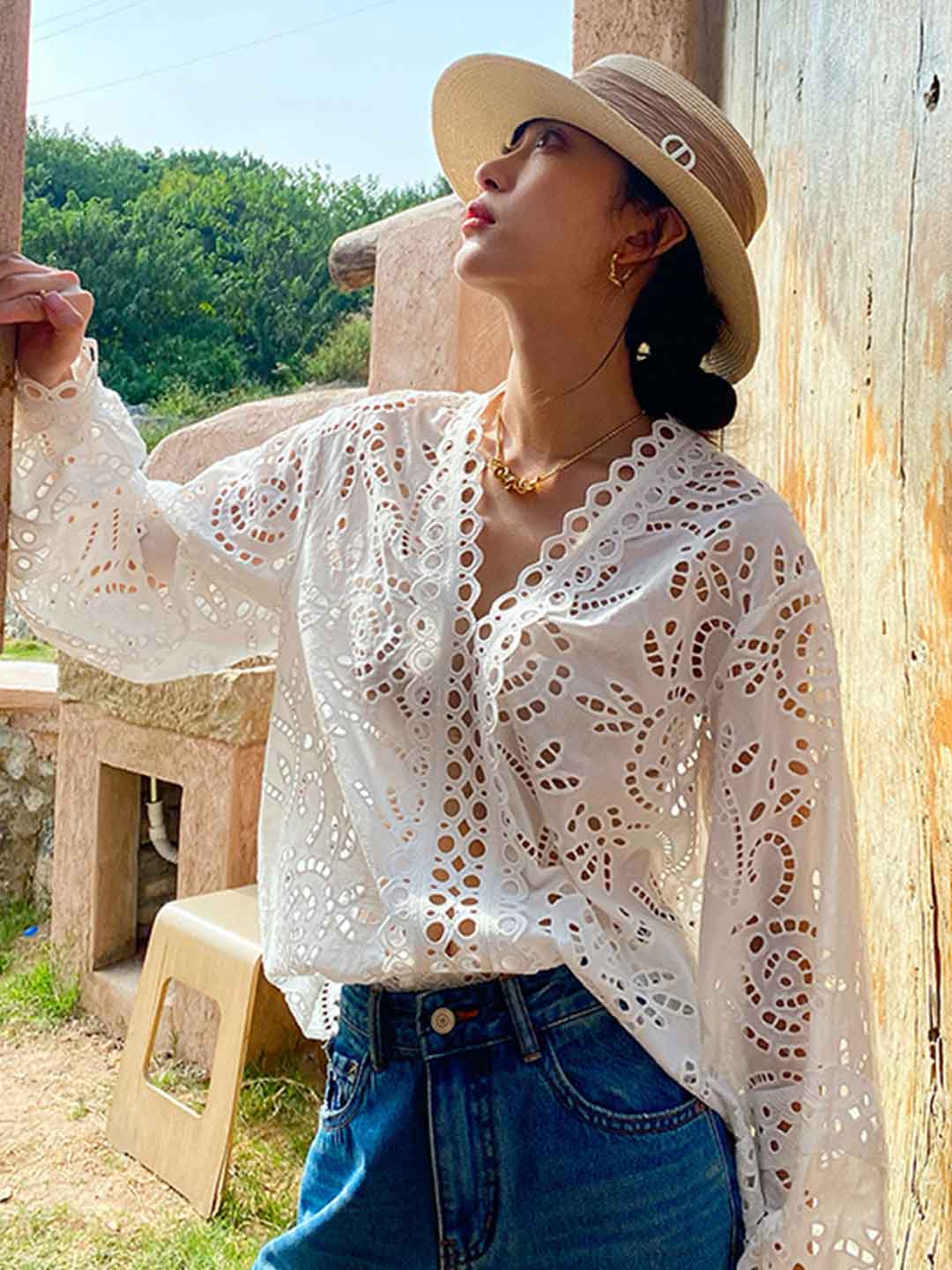 Claire Classic V-neck Embroidered Top