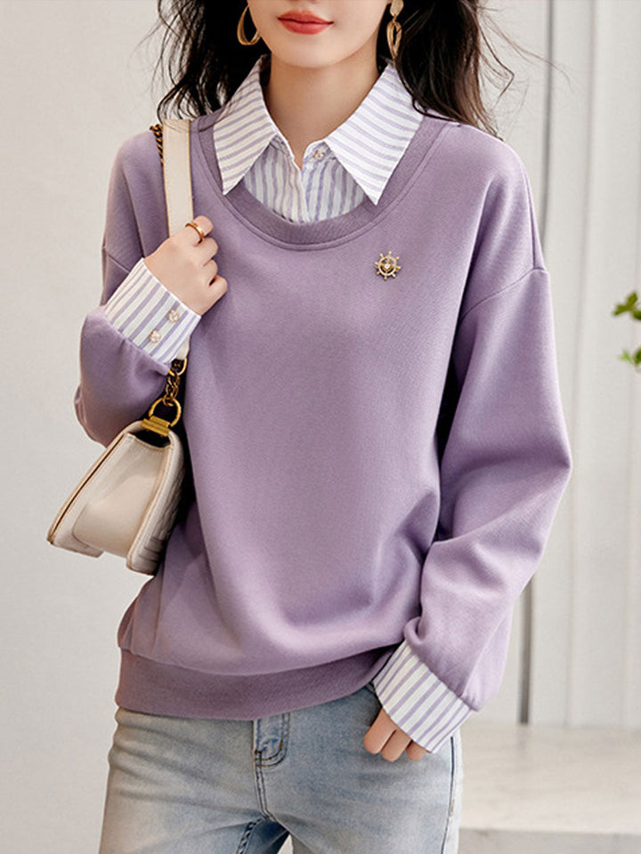 Isabella Casual Patchwork Striped Sweatshirt-Purple