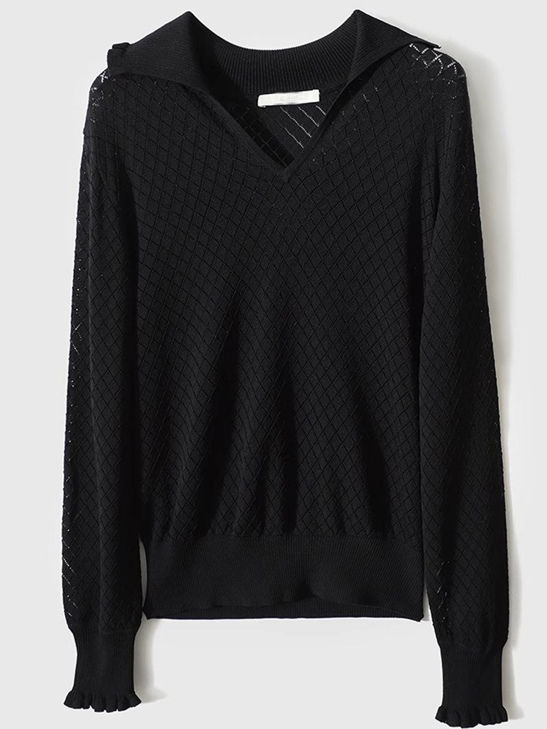 Ashley Classic V-Neck Hollow Solid Color Knitted Top-Black