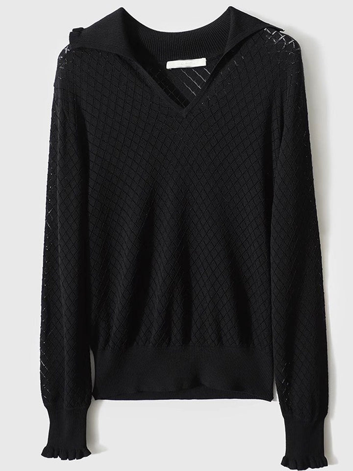 Ashley Classic V-Neck Hollow Solid Color Knitted Top-Black
