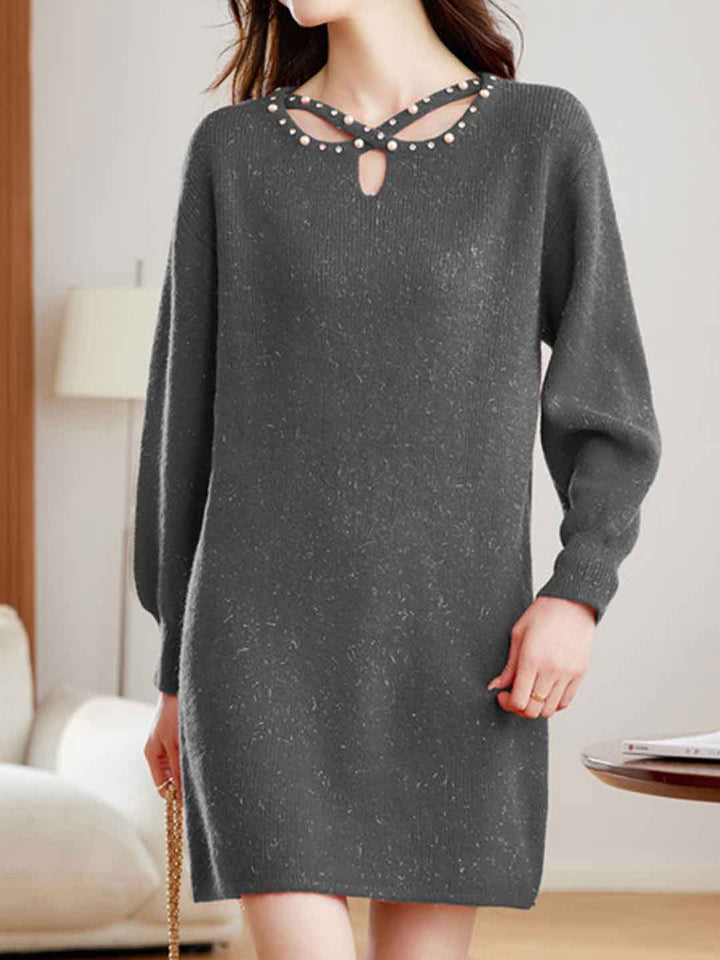 Hannah Elegant Crew Neck Beaded Knitted Sweater Dress