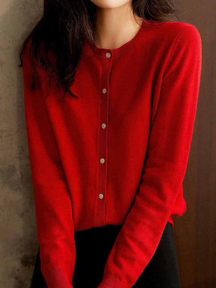 Sophia Classic Crew Neck Solid Color Knitted Cardigan-Royal Blue
