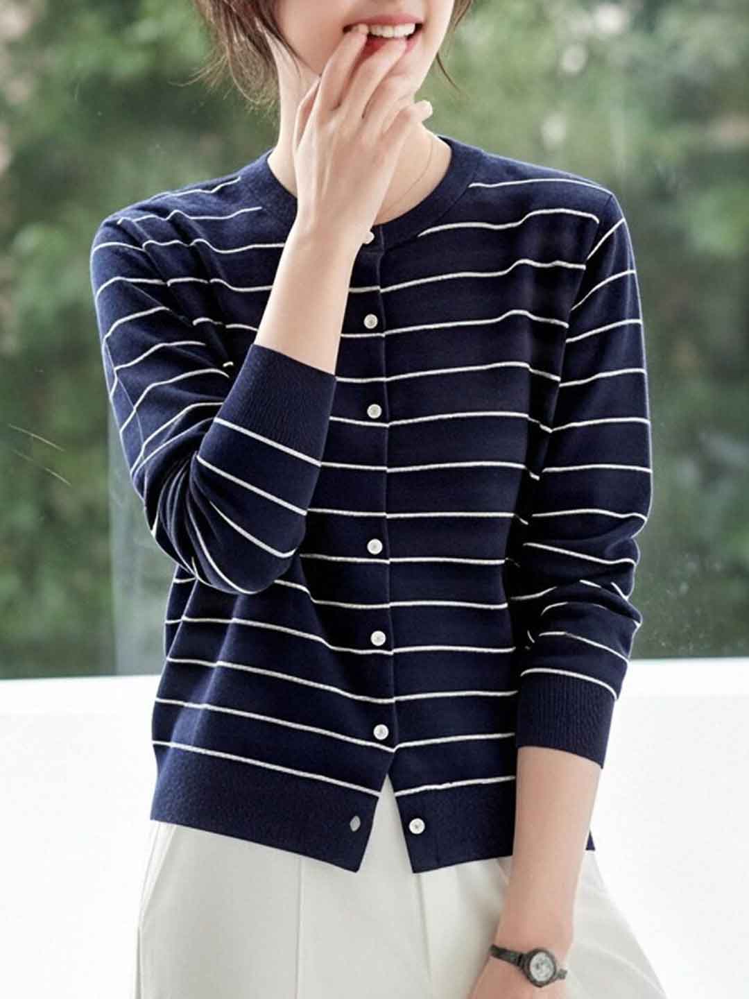 Abigail Classic Crew Neck Striped Knitted Cardigan